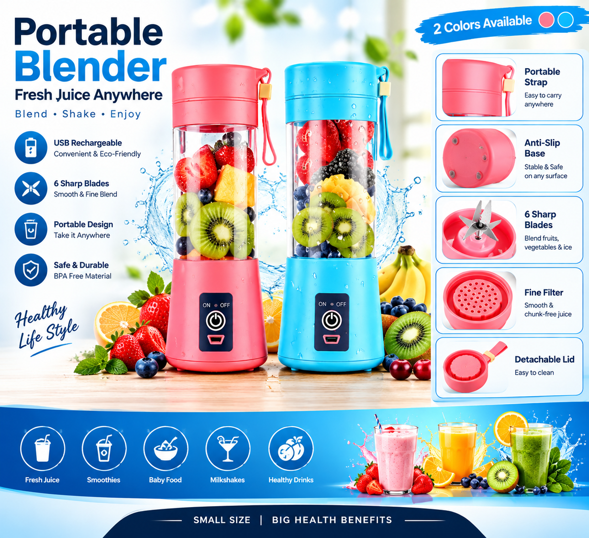 Portable USB Rechargeable Blender – Mini Personal Smoothie & Juice Maker