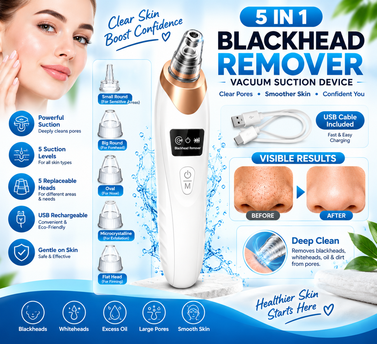 5-in-1 Blackhead Remover – USB Rechargeable Pore Vacuum & Facial Cleaner