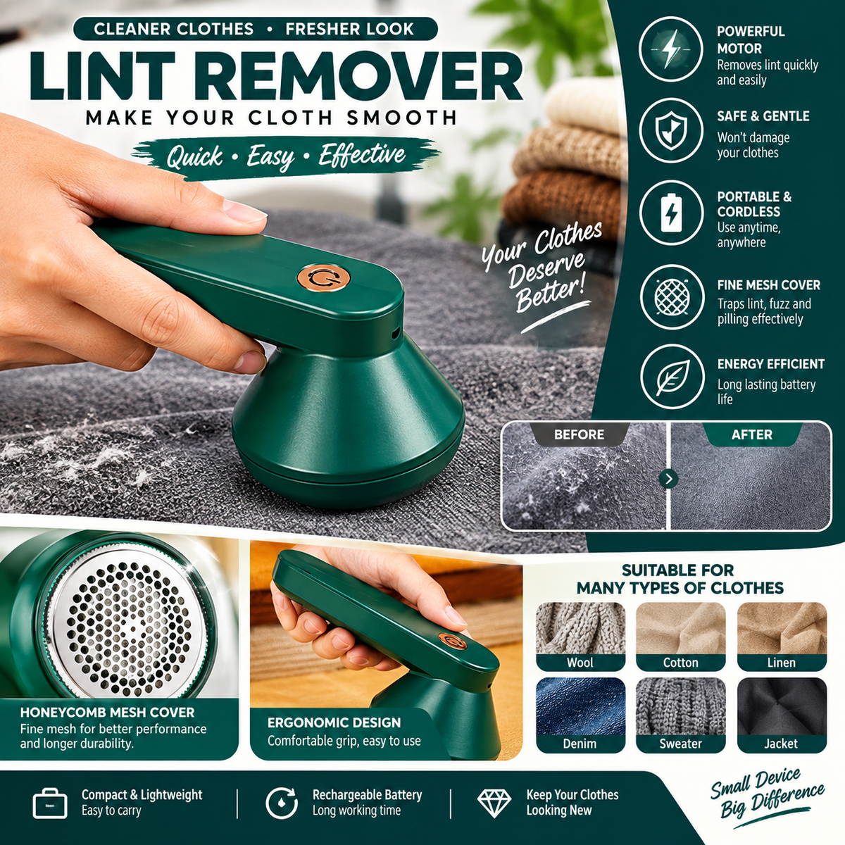 Rechargeable Lint Remover – Portable Fabric Shaver & Clothes Fuzz Cleaner