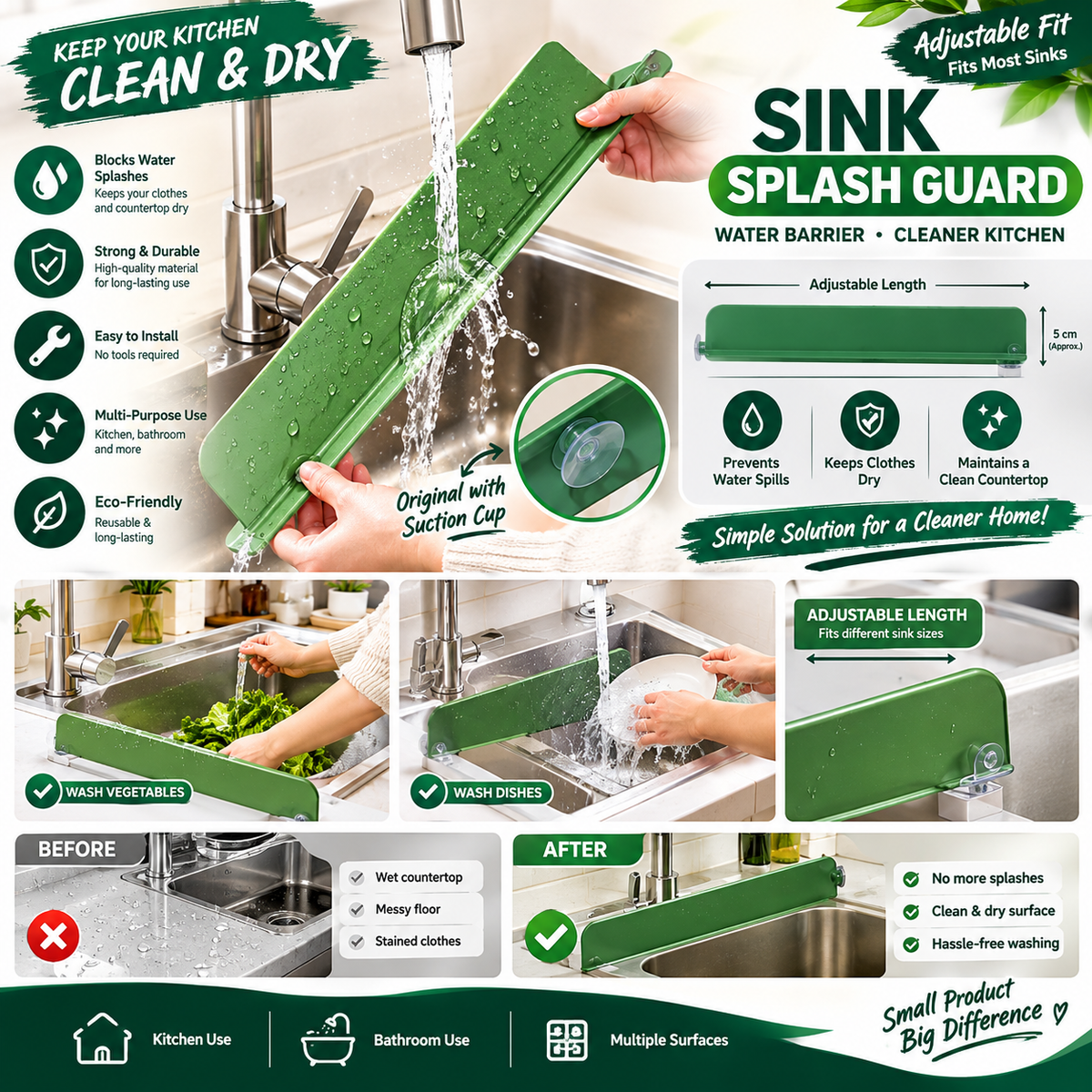 Adjustable Sink Splash Guard – Water Barrier & Kitchen Countertop Protector