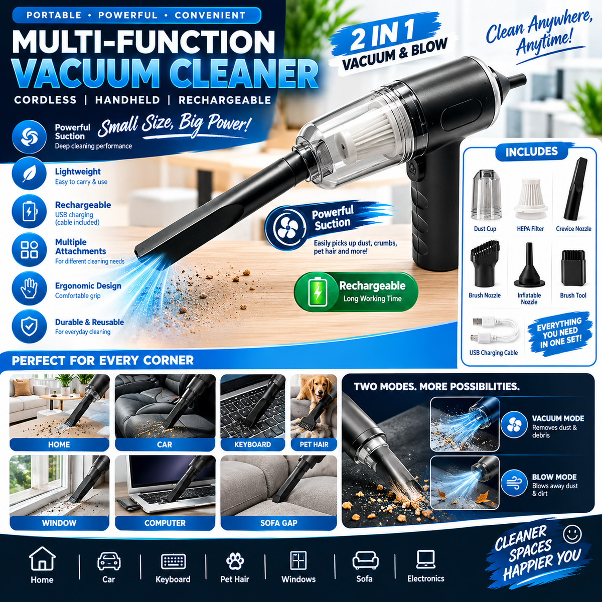 3-in-1 Cordless Handheld Vacuum & Air Blower – Multi-Function Portable Cleaner