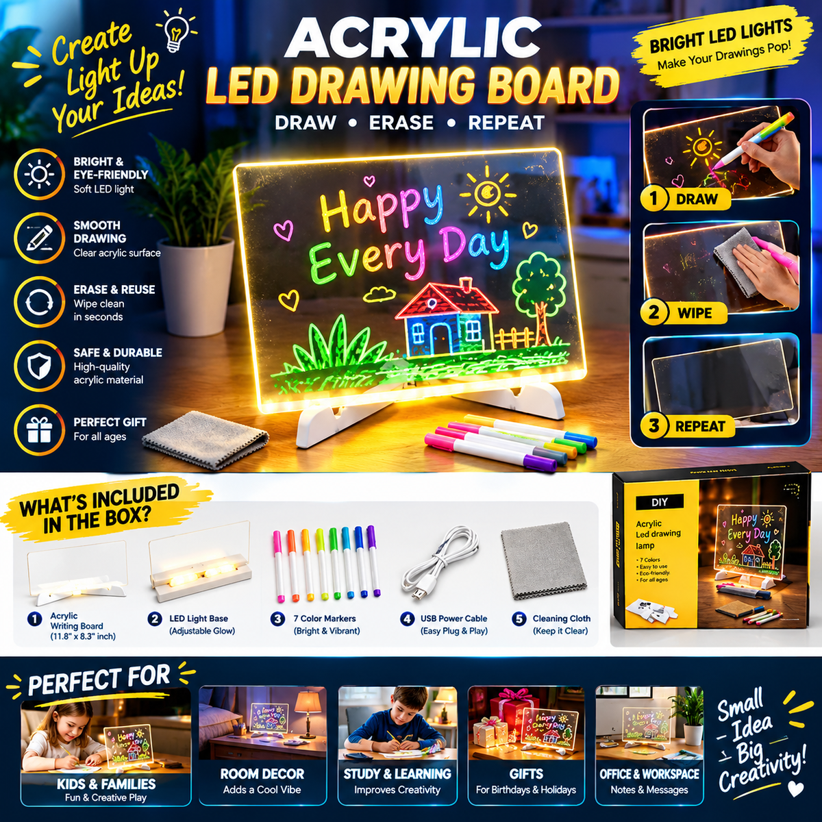 Acrylic LED Drawing Board – 7-Color Reusable Writing & Doodle Lamp for Kids