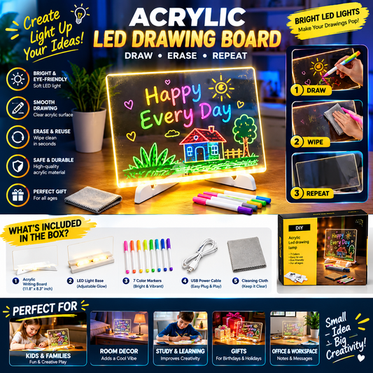 Acrylic LED Drawing Board – 7-Color Reusable Writing & Doodle Lamp for Kids
