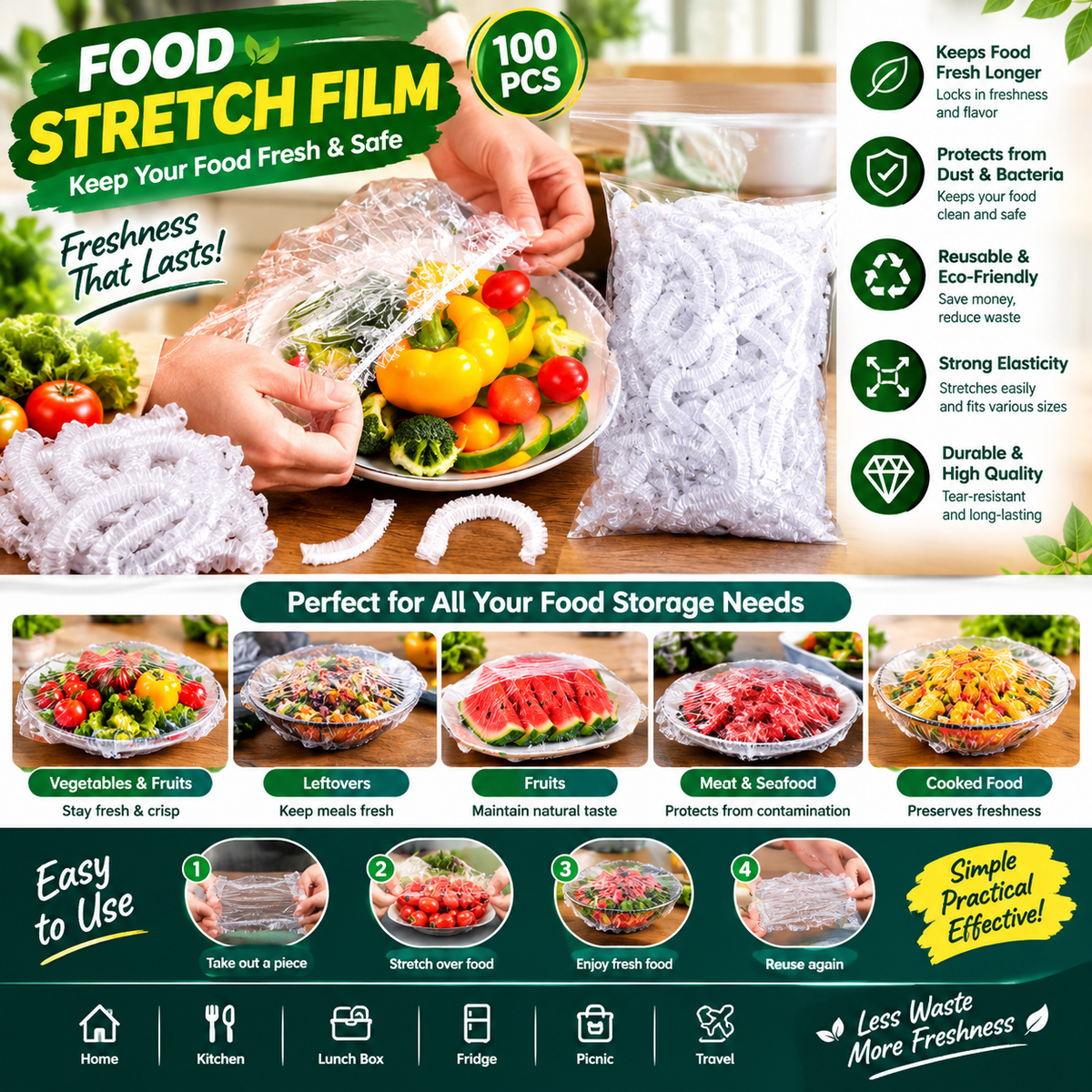 100-Piece Food Stretch Film Covers – Reusable Fresh Food & Bowl Covers